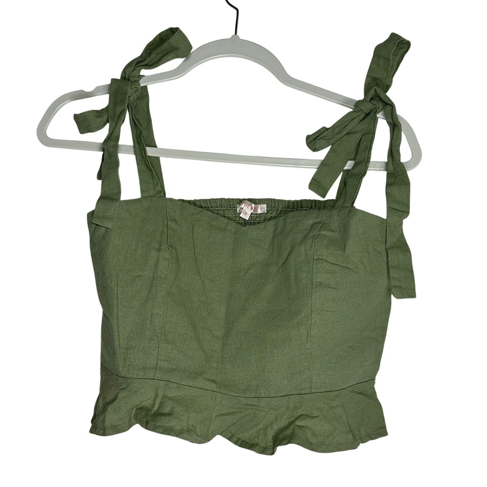 Lottie Moss PacSun Olive Green Linen Blend Tie Shoulder Smocked Crop‎ Top Small